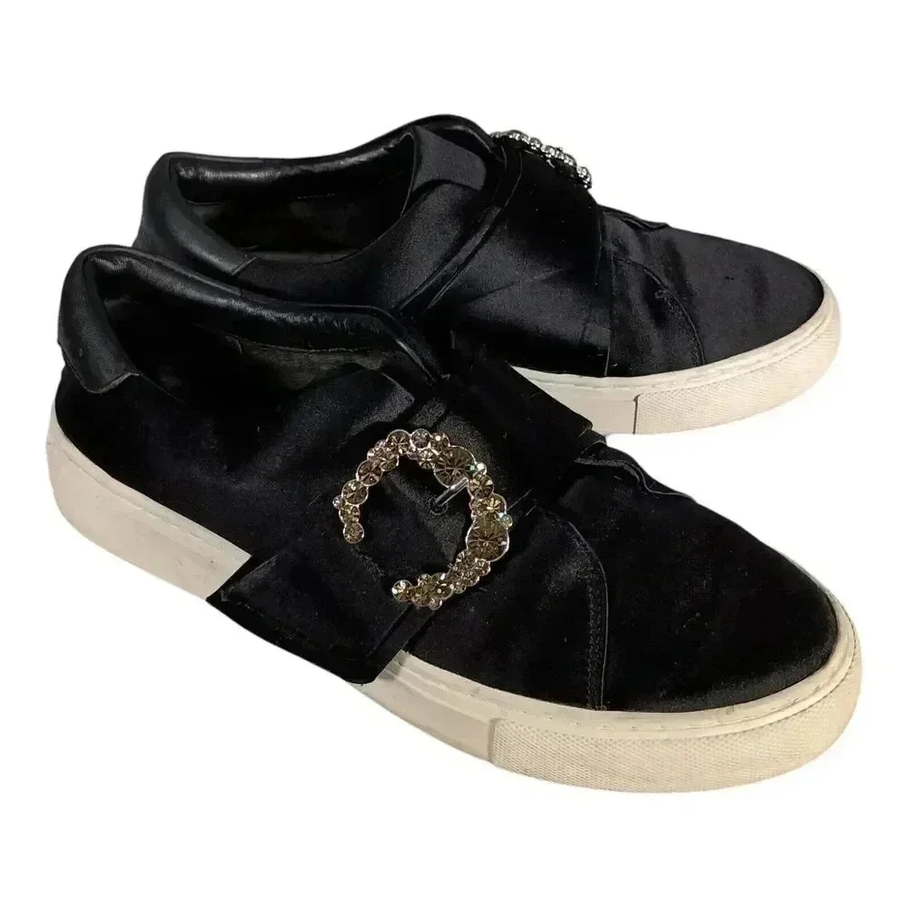Tory Burch Greer Fashion Sneaker Rhinestone Buckle Satin Leather Black Women's 7